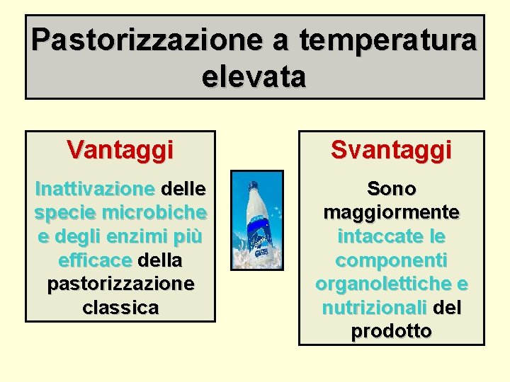 Pastorizzazione a temperatura elevata Vantaggi Svantaggi Inattivazione delle specie microbiche e degli enzimi più