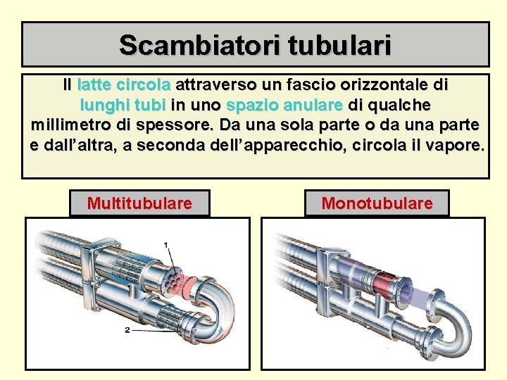 Scambiatori tubulari Il latte circola attraverso un fascio orizzontale di lunghi tubi in uno