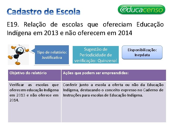 E 19. Relação de escolas que ofereciam Educação Indígena em 2013 e não oferecem