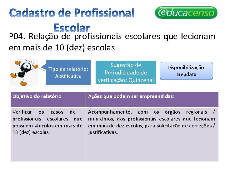 P 04. Relação de profissionais escolares que lecionam em mais de 10 (dez) escolas