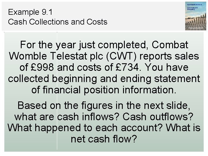 Example 9. 1 Cash Collections and Costs For the year just completed, Combat Womble