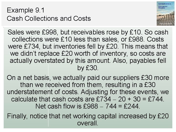 Example 9. 1 Cash Collections and Costs Sales were £ 998, but receivables rose