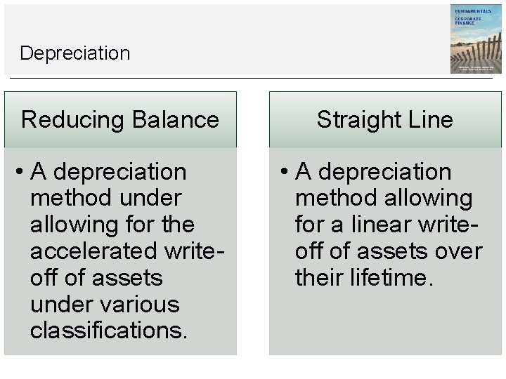 Depreciation Reducing Balance Straight Line • A depreciation method under allowing for the accelerated