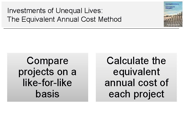 Investments of Unequal Lives: The Equivalent Annual Cost Method Compare projects on a like-for-like