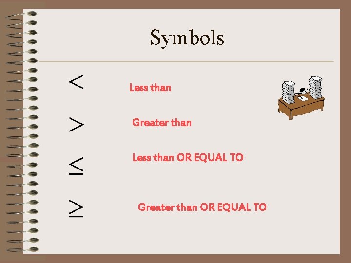 Symbols Less than Greater than Less than OR EQUAL TO Greater than OR EQUAL