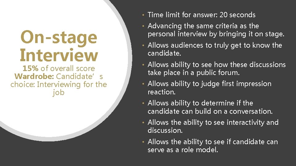  • Time limit for answer: 20 seconds On-stage Interview 15% of overall score