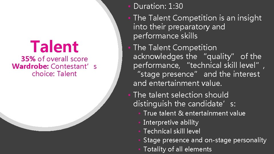  • Duration: 1: 30 Talent 35% of overall score Wardrobe: Contestant’s choice: Talent