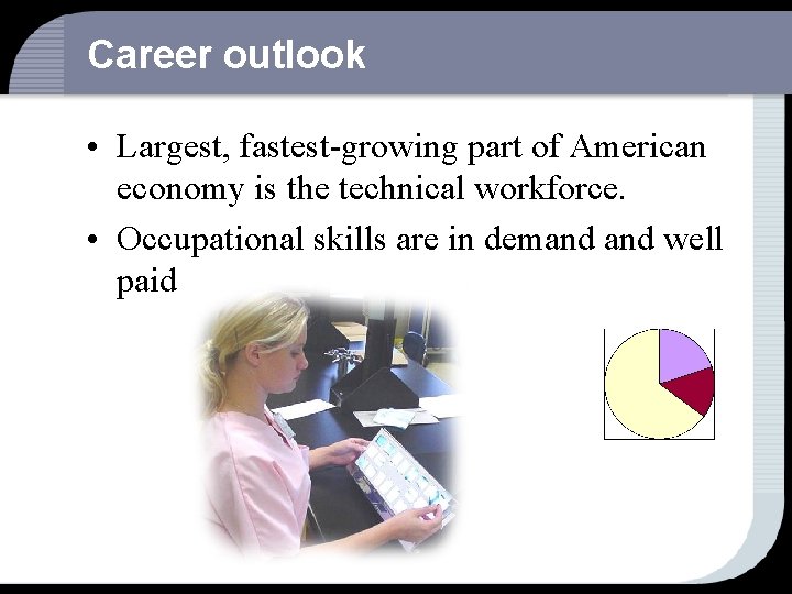 Career outlook • Largest, fastest-growing part of American economy is the technical workforce. •