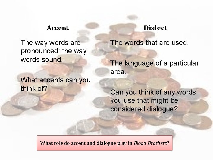 Accent The way words are pronounced: the way words sound. What accents can you