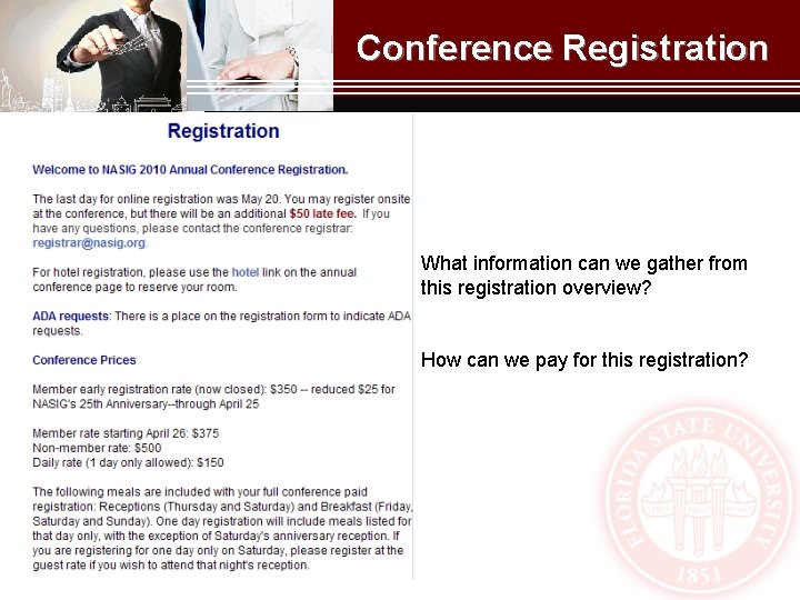 Conference Registration What information can we gather from this registration overview? How can we