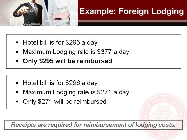 Example: Foreign Lodging § Hotel bill is for $295 a day § Maximum Lodging