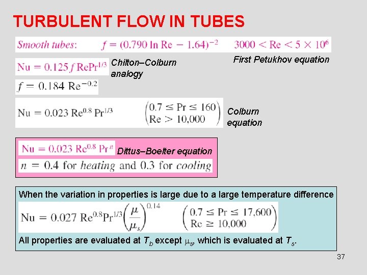 TURBULENT FLOW IN TUBES Chilton–Colburn analogy First Petukhov equation Colburn equation Dittus–Boelter equation When