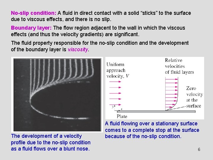 No-slip condition: A fluid in direct contact with a solid “sticks” to the surface