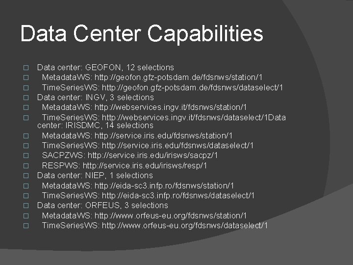 Data Center Capabilities � � � � Data center: GEOFON, 12 selections Metadata. WS: Data Center Capabilities � � � � Data center: GEOFON, 12 selections Metadata. WS: