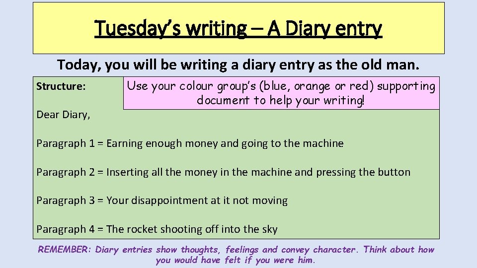 Tuesday’s writing – A Diary entry Today, you will be writing a diary entry