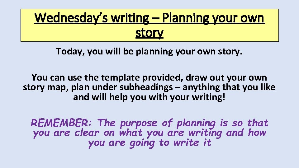 Wednesday’s writing – Planning your own story Today, you will be planning your own