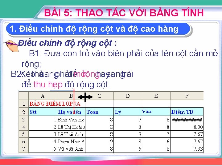 BÀI 5: THAO TÁC VỚI BẢNG TÍNH 1. Điều chỉnh độ rộng cột và