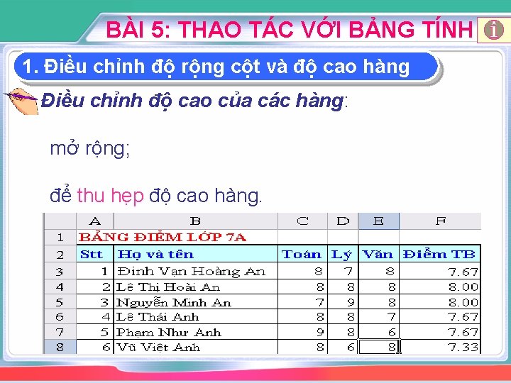 BÀI 5: THAO TÁC VỚI BẢNG TÍNH 1. Điều chỉnh độ rộng cột và