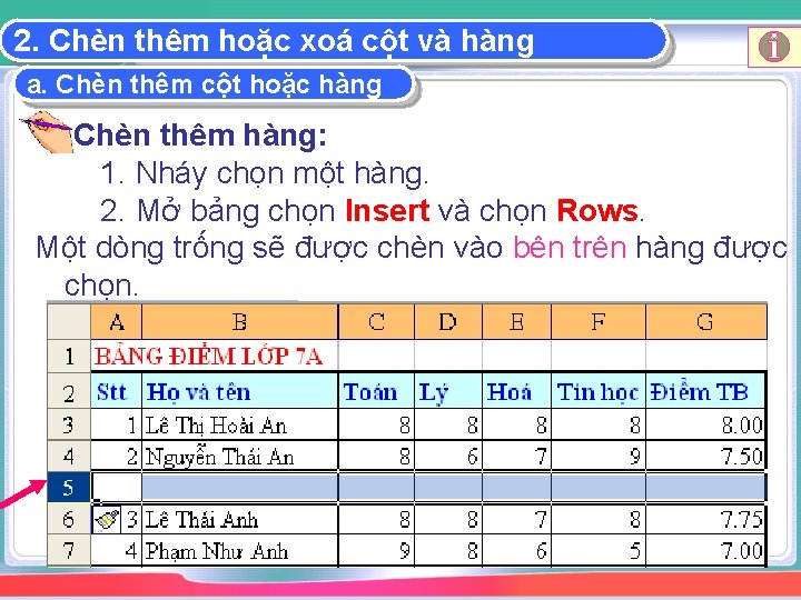 2. Chèn thêm hoặc xoá cột và hàng a. Chèn thêm cột hoặc hàng