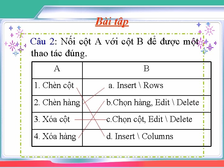 Bài tập Câu 2: Nối cột A với cột B để được một thao