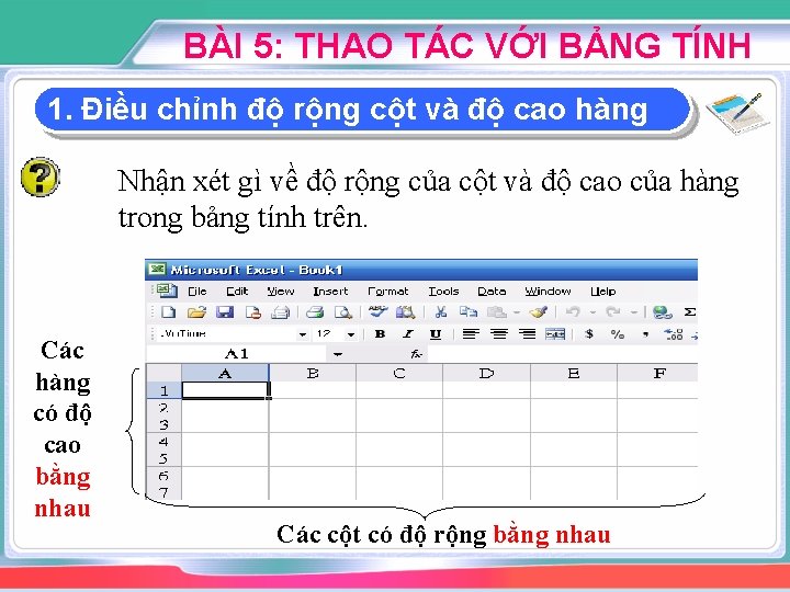 BÀI 5: THAO TÁC VỚI BẢNG TÍNH 1. Điều chỉnh độ rộng cột và