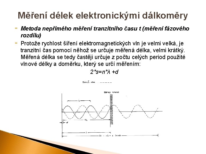 Měření délek elektronickými dálkoměry Metoda nepřímého měření tranzitního času t (měření fázového rozdílu) Protože