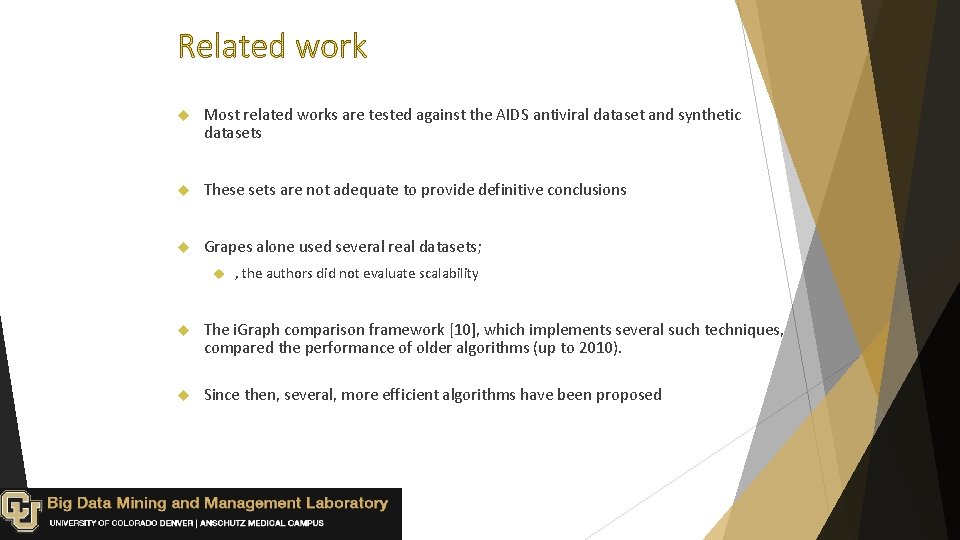  Most related works are tested against the AIDS antiviral dataset and synthetic datasets