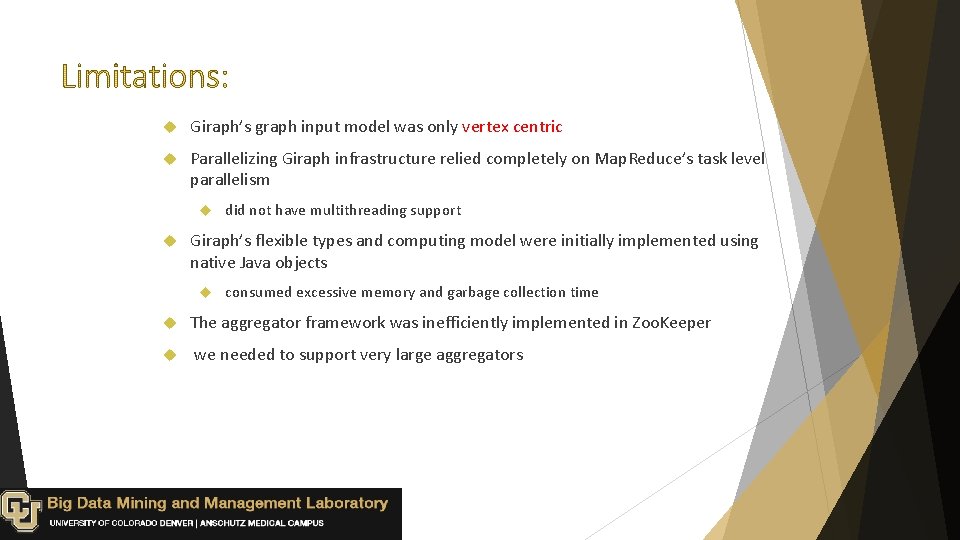 Giraph’s graph input model was only vertex centric Parallelizing Giraph infrastructure relied completely