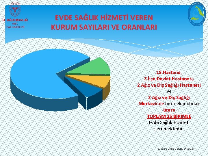 EVDE SAĞLIK HİZMETİ VEREN KURUM SAYILARI VE ORANLARI 18 Hastane, 3 İlçe Devlet Hastanesi,