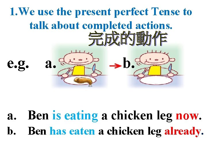 1. We use the present perfect Tense to talk about completed actions. e. g.