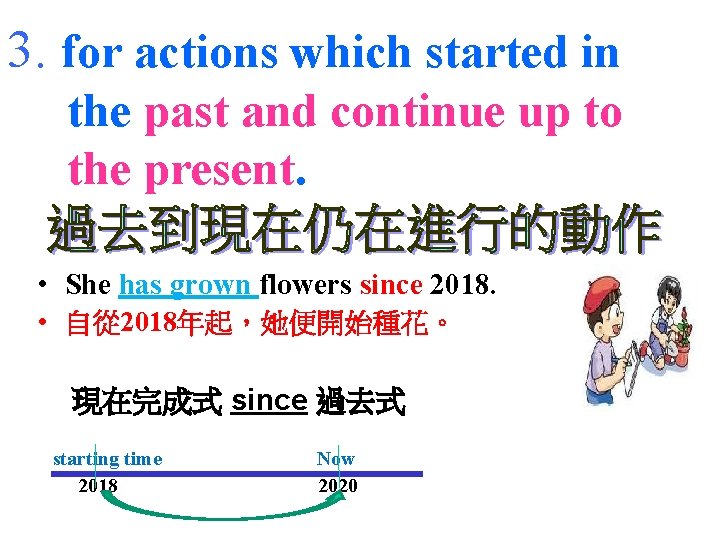 3. for actions which started in the past and continue up to the present.