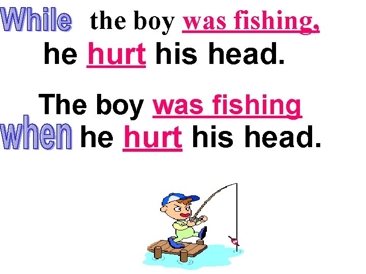 the boy was fishing, he hurt his head. The boy was fishing he hurt