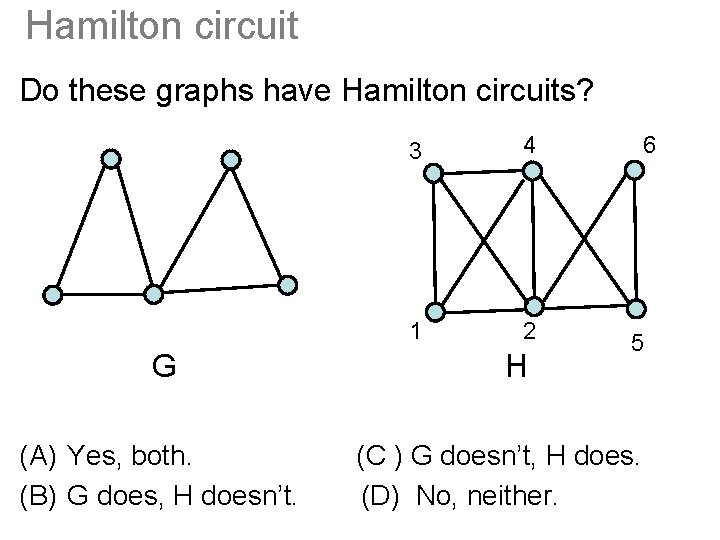 Hamilton circuit Do these graphs have Hamilton circuits? 3 4 1 2 G H