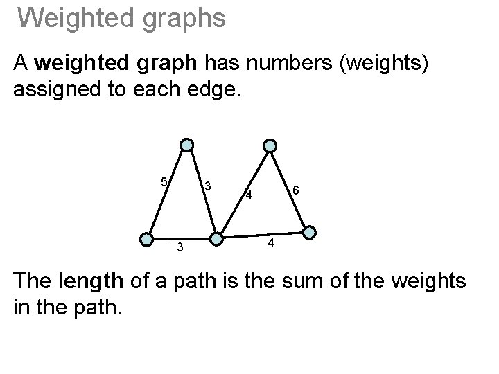 Weighted graphs A weighted graph has numbers (weights) assigned to each edge. 5 3