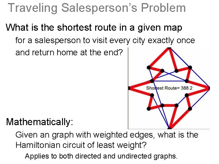 Traveling Salesperson’s Problem What is the shortest route in a given map for a