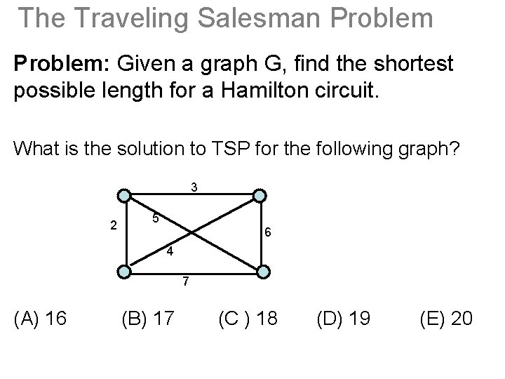 The Traveling Salesman Problem: Given a graph G, find the shortest possible length for