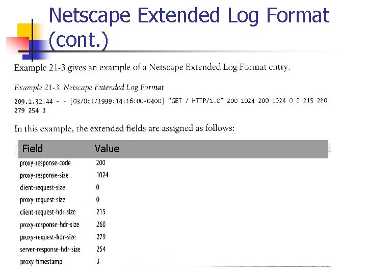 Netscape Extended Log Format (cont. ) Field Value 