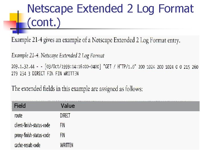 Netscape Extended 2 Log Format (cont. ) Field Value 