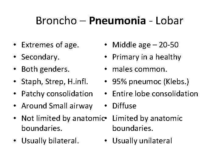 Broncho – Pneumonia - Lobar Extremes of age. • Secondary. • Both genders. •