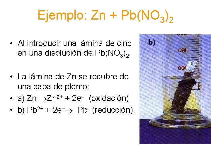 Ejemplo: Zn + Pb(NO 3)2 • Al introducir una lámina de cinc en una