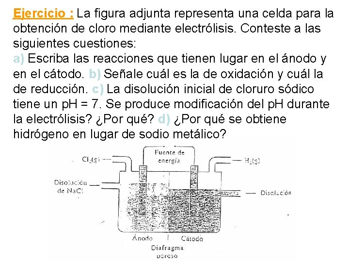 Ejercicio : La figura adjunta representa una celda para la obtención de cloro mediante