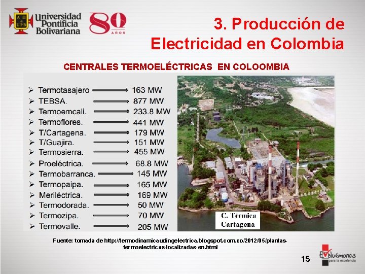 3. Producción de Electricidad en Colombia CENTRALES TERMOELÉCTRICAS EN COLOOMBIA Fuente: tomada de http: