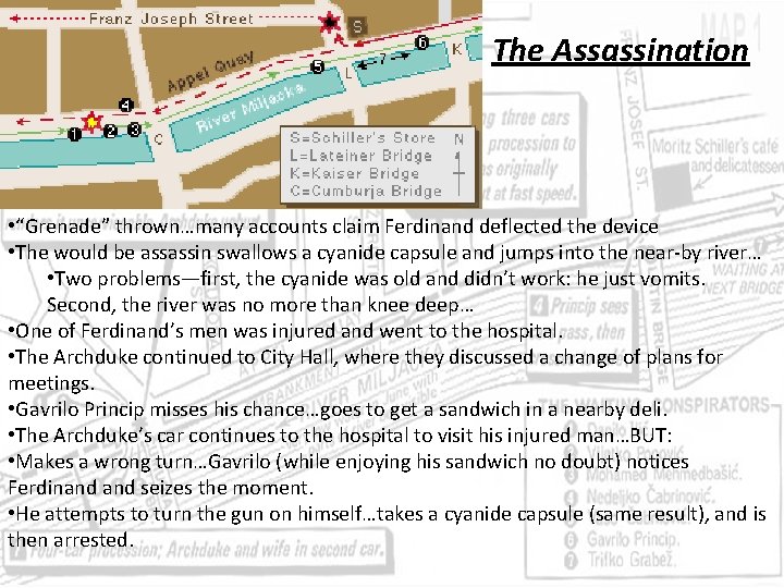 The Assassination • “Grenade” thrown…many accounts claim Ferdinand deflected the device • The would