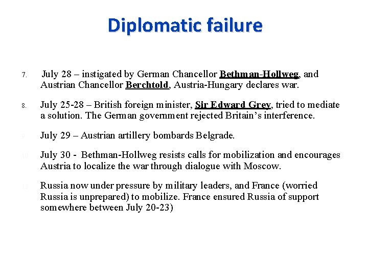 Diplomatic failure 7. 8. July 28 – instigated by German Chancellor Bethman-Hollweg, and Austrian