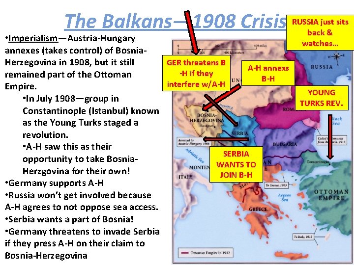 just sits The Balkans— 1908 Crisis RUSSIA back & • Imperialism—Austria-Hungary annexes (takes control)