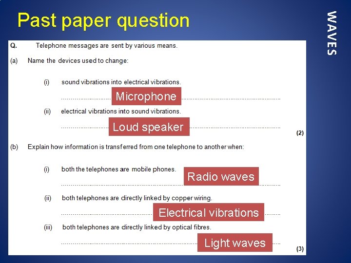 WAVES Past paper question Microphone Loud speaker Radio waves Electrical vibrations Light waves 