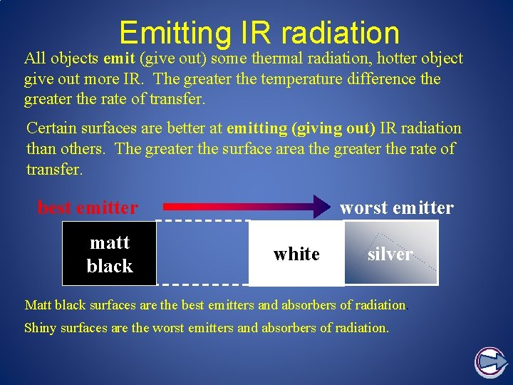 Emitting IR radiation All objects emit (give out) some thermal radiation, hotter object give