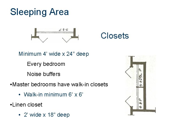 Sleeping Area Closets Minimum 4’ wide x 24” deep Every bedroom Noise buffers •