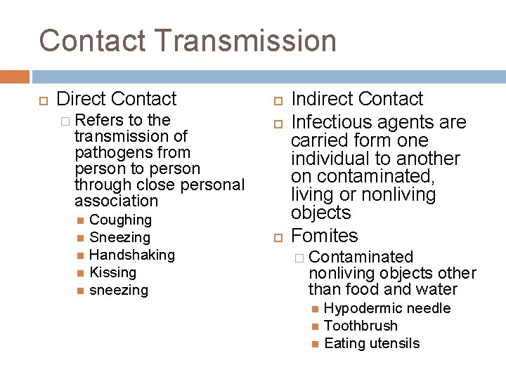 Contact Transmission Direct Contact � Refers to the transmission of pathogens from person to