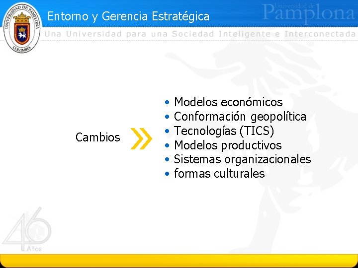Entorno y Gerencia Estratégica Cambios • • • Modelos económicos Conformación geopolítica Tecnologías (TICS)
